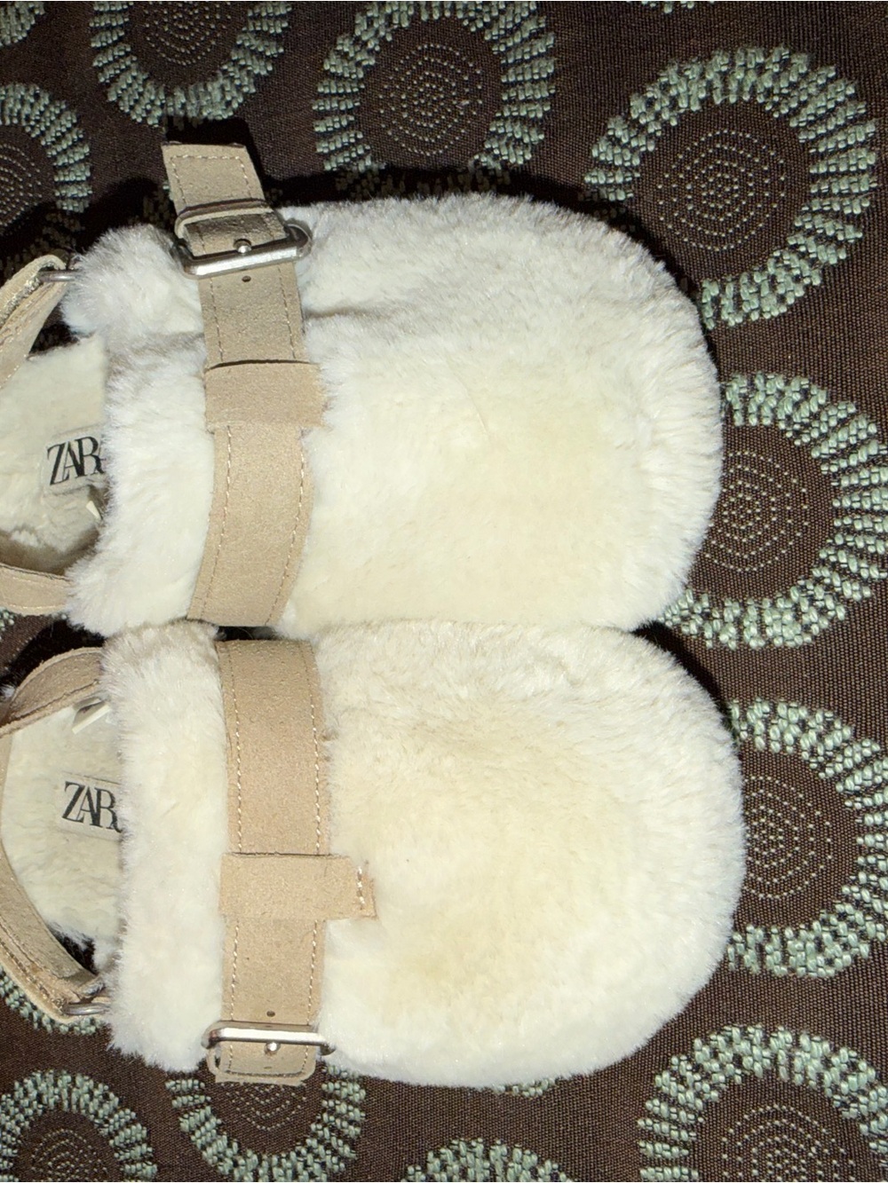 Zara Cream Faux Shearling Kids Slippers with Tan Straps